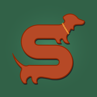SAWD Fever mascot: a dachshund bent into the shape of the letter S, wearing a gold chain collar
